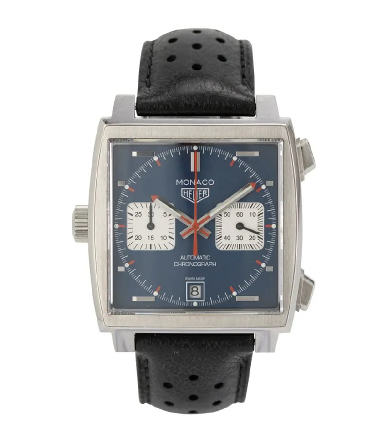 TAG Heuer Monaco CAW211P with square case and blue dial.